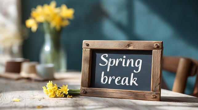 Small chalkboard sign announces 'Spring break' beside yellow.