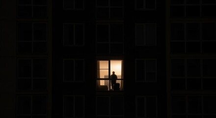 Silhouette of a Person Standing in a Lit Window at Night.