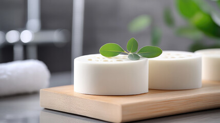 Eucalyptus shower steamers with fresh leaves on a wooden tray in a minimalist bathroom, evoking serene aromatherapy and a simple self care moment for relaxation