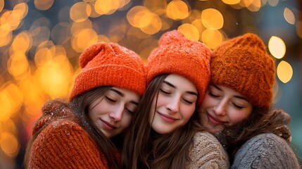 Naklejka premium Three young women wearing knitted orange hats embrace closely.