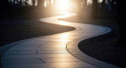 Winding pathway bathed in golden sunlight leads to the horizon.