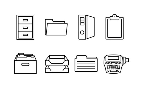Office filing supplies: linear style filing cabinet, document folder, binder, clipboard, file box, paper tray, index card, label maker