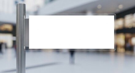 Blank white sign on a metallic pole in a blurred background.