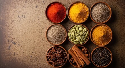 Assortment of colorful spices in wooden bowls, top view.
