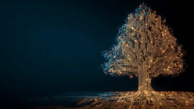 A digital tree made of glowing lines and circuits against a dark background. The design symbolizes technology and nature merging together.