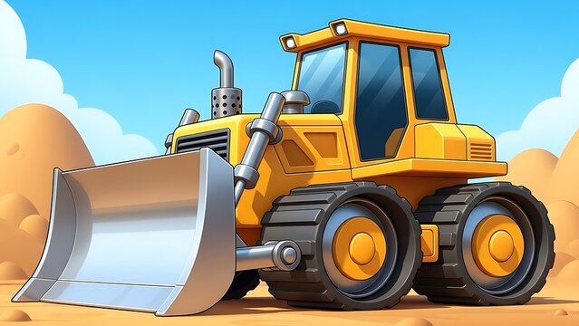 Robust Cartoon Yellow Bulldozer Ready for Action on Sandy Construction Site - Heavy Machinery Fun