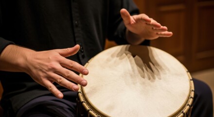 Close-up of hands playing a drum, musical performance.