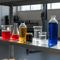 Various laboratory glassware and bottles with colorful liquids on a metal shelf