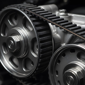 Close up of a car engine timing belt and metal pulleys