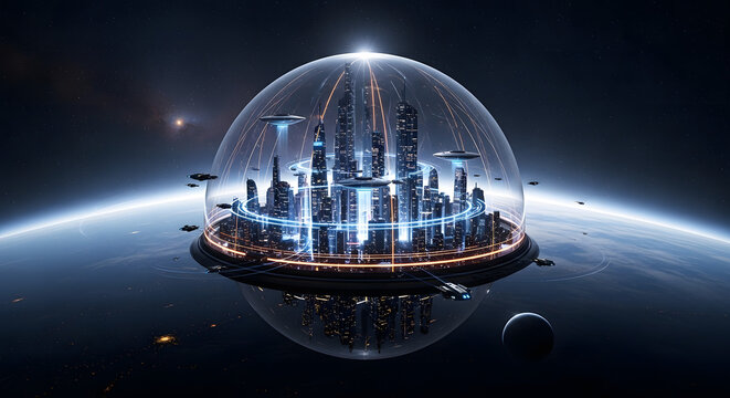 A futuristic cityscape enclosed in a protective dome, hovering above a planet, with spaceship and city lights