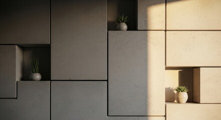 Modern geometric wall design with small plants and sunlight.