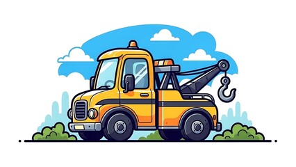 Fototapeta premium SEO Title: Cheerful cartoon yellow tow truck with a friendly design, ready for roadside assistance.