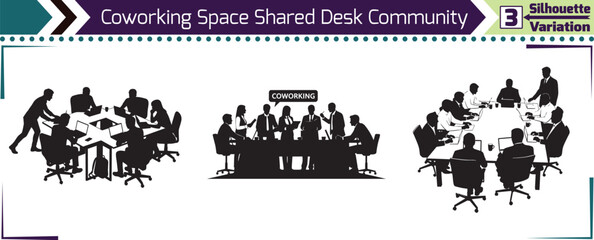 Modern Shared Desk Coworking Space Community Silhouettes Set for Business Collaboration Diversity