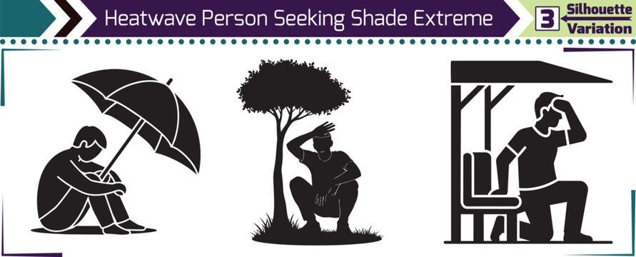 Extreme Heatwave Person Seeking Shade Summer Silhouette Concept Vector Graphic Set