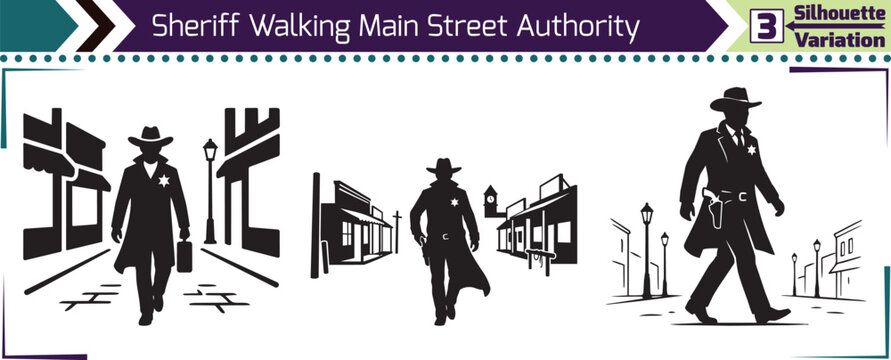 Sheriff Walking Main Street Authority Silhouette Concept Variation Vector Design Bundle