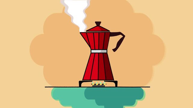 Steam Rising Red Moka Pot Coffee Maker, Flat Animation. Lifestyle,breakfast,cafe
