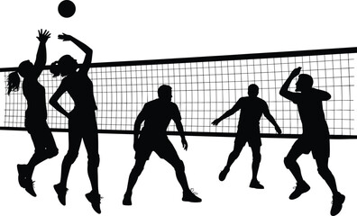 Black silhouettes of men and women playing volleyball at a net isolated on white background for sports and teamwork concepts.