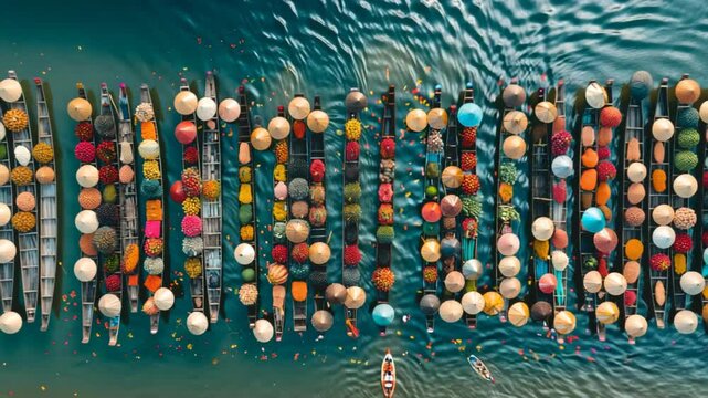 Aerial view of colorful boats filled with fruits and vegetables on water. The scene showcases a vibrant market atmosphere.