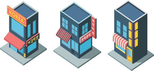 Isometric 3D Korean storefront buildings with colorful awnings, urban retail shops, modern city architecture vector illustration isolated design