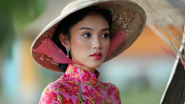 Young Asian woman wearing a traditional pink ao dai and a straw hat. She has dark hair and is posing outdoors with a soft background.
