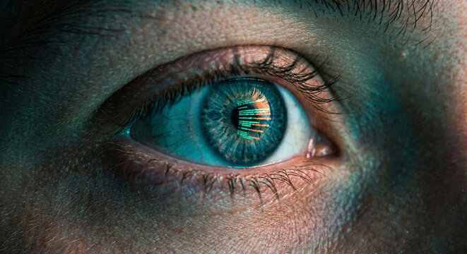 Macro close-up of a human eye with glowing digital code reflection representing artificial intelligence and biometric surveillance.