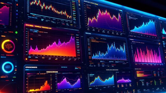 Multiple screens displaying colorful financial charts