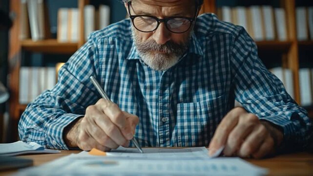 A bespectacled elderly analyst engrossed in researching graphs and charts on paper, scribbles notes in a serene study, concentrating intensely on the task, highlighting his research expertise