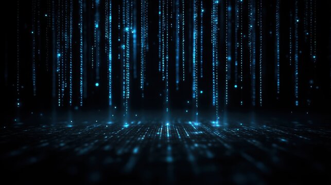 Glowing blue binary code cascading down a dark monitor screen