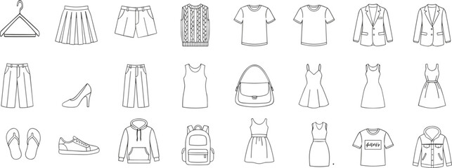 Minimalist line drawing icons of casual clothing including t-shirts, hoodies, dresses, jackets, and accessories isolated on white background.