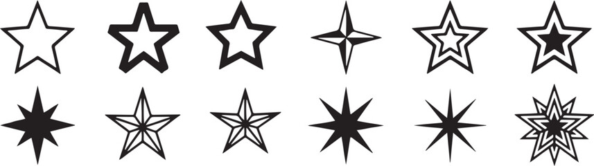 Obraz premium Collection of 12 black and white decorative stars and snowflakes vector illustration flat design set