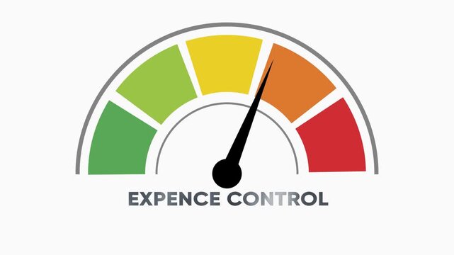 Expense control meter gauge with needle pointing to green zone indicating low expenses and financial management