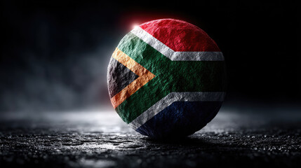 South Africa flag textured sphere on a dark. Gritty surface. Representing national identity. Unity. And the spirit of a democratic nation. Africa
