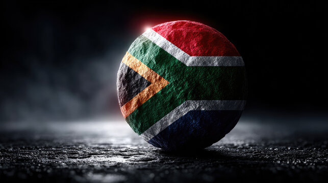 South Africa flag textured sphere on a dark. Gritty surface. Representing national identity. Unity. And the spirit of a democratic nation. Africa
