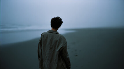 Naklejka premium Solo figure in a muted landscape, person stand alone facing a vast, misty seascape under a somber, overcast sky, evoking solitude and reflection