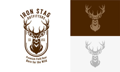 Illustration of a majestic stag's head with antlers in a shield logo on various backgrounds from different viewpoints