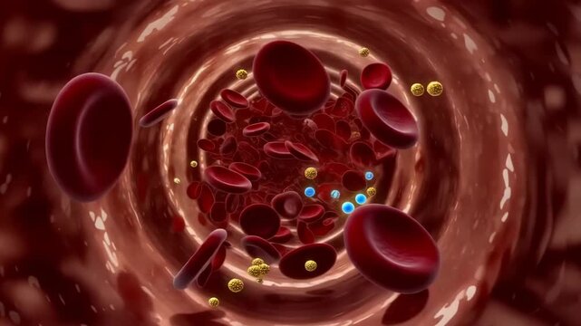 Realistic animation human blood flowing inside veins arteries red blood cells, white blood cells, platelets motion. Glowing particles nutrients immune cells flowing alongside. Blood vessels dynamic 4k
