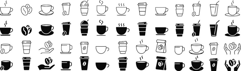 Minimalist line and solid coffee icons showing various brewing methods and cup styles