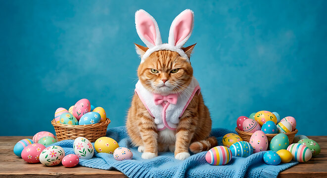 Funny Easter greeting. Angry ginger cat in Easter bunny costume sits among colorful Easter eggs. A hilarious and cynical take on festive spring celebrations.