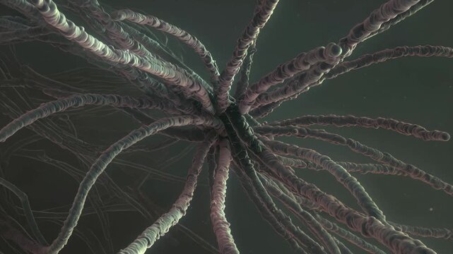 Glowing neural network futuristic lab, floating red molecules symbolizing cell activity intricate brain pathways neon blues purples electric colors mysterious scientific slow-motion tracking molecules