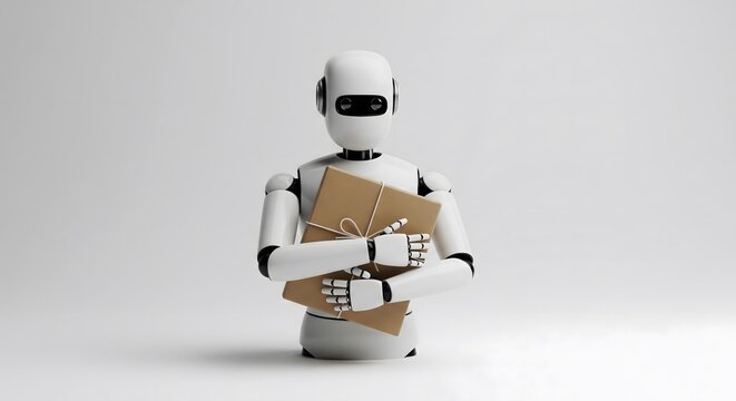 White humanoid robot carefully holding a cardboard package with string.