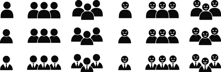 Set of black people icons including individual user silhouettes and group of three team members in various styles © Kalam