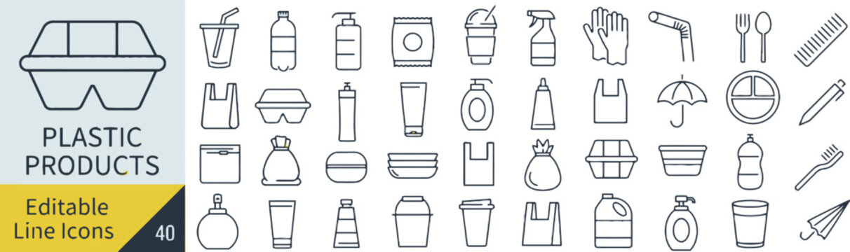 Plastic product icons representing packaging, containers, and disposable items