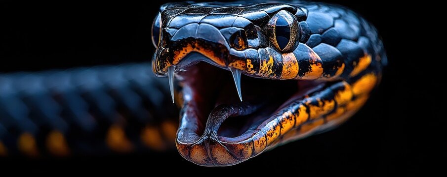 Close-up of black snake with open mouth and visible fangs