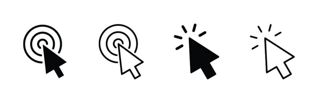 Set of cursor icons pointer and target solid and outline variations for clicks