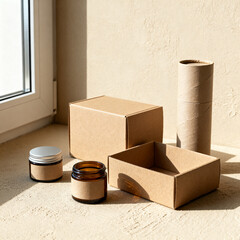 Eco friendly packaging mockup with blank kraft boxes and glass containers on neutral background