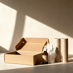 Eco friendly packaging mockup with blank kraft boxes and glass containers on neutral background