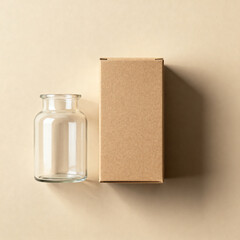 Eco friendly packaging mockup with blank kraft boxes and glass containers on neutral background