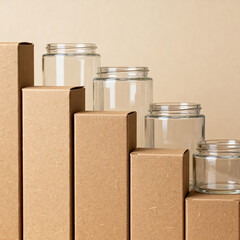Eco friendly packaging mockup with blank kraft boxes and glass containers on neutral background