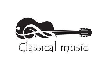 abstract emblem of guitar and treble clef isolated on white background