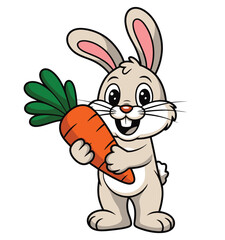 Adorable smiling rabbit, holding a big carrot, cute cartoon bunny illustration isolated on white background for kids branding, nursery prints, stickers, and greeting cards. © Rony art